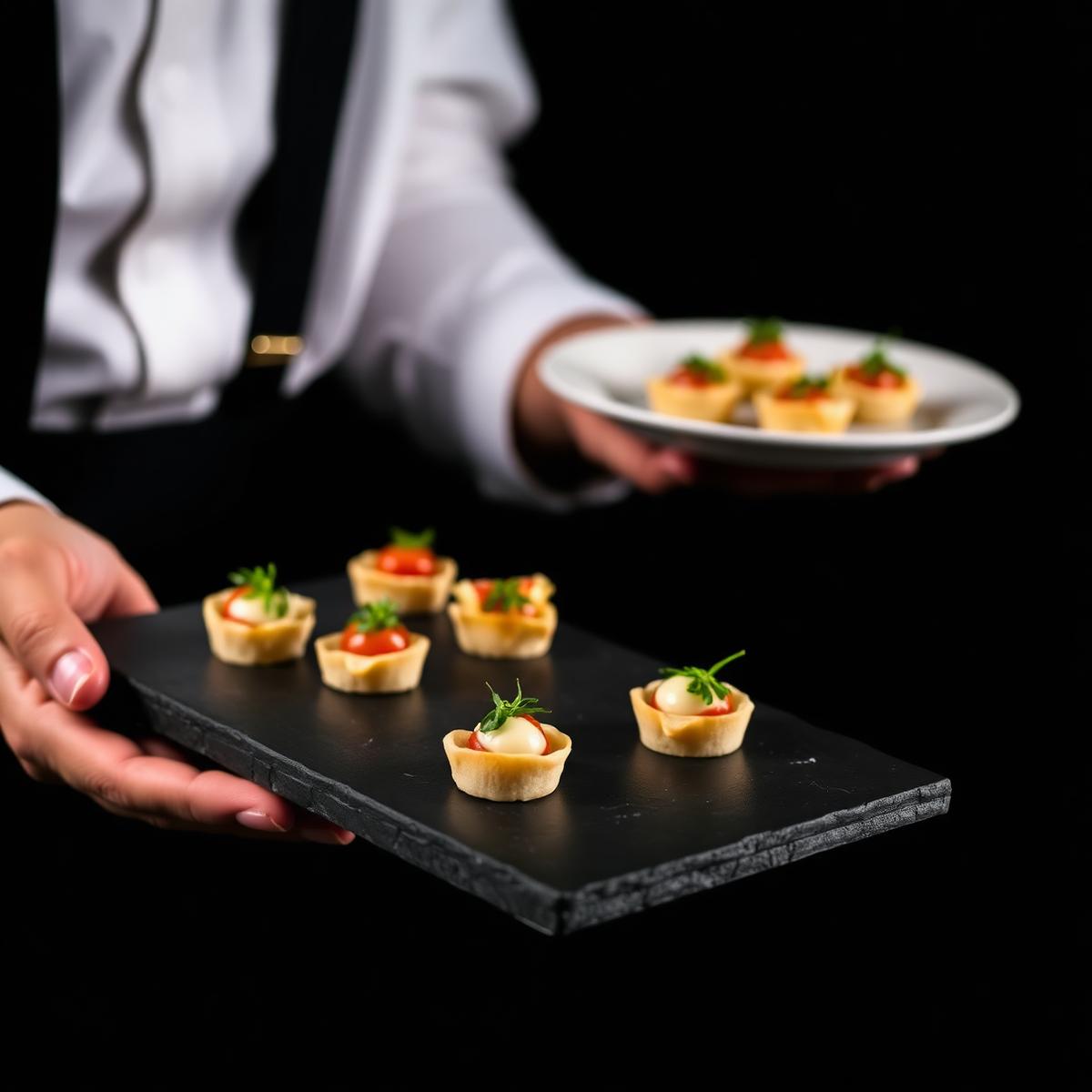 Passed hors d'oeuvres served on a slate tray by a professional server