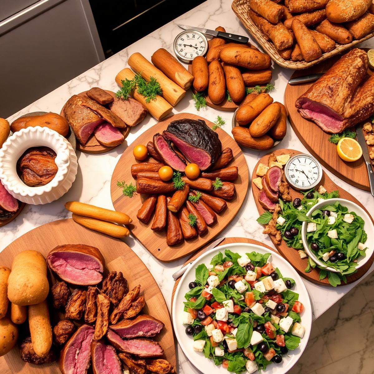 Abundant catered buffet display with carved meats and grazing platters