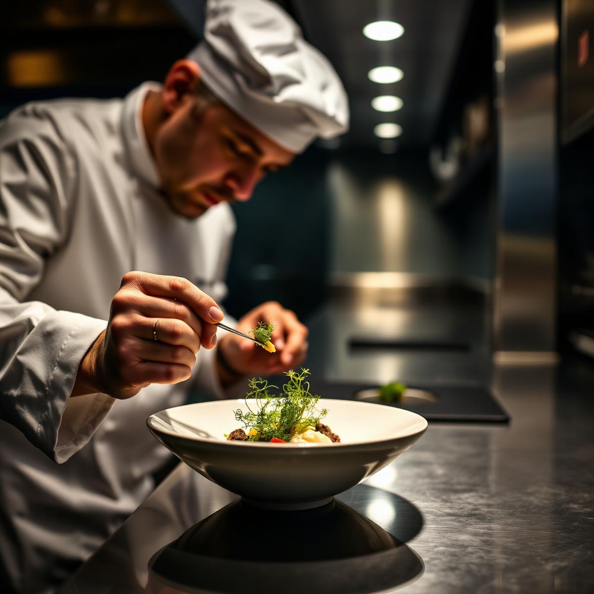 Chef plating a fine dining dish with tweezers and microgreens