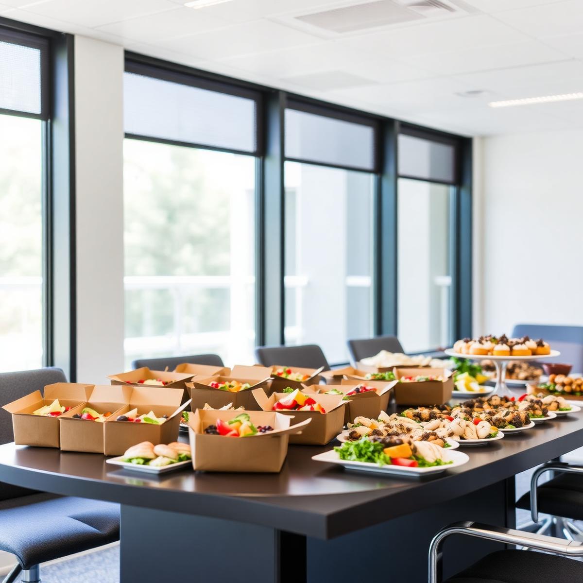 Corporate lunch spread in a bright modern boardroom