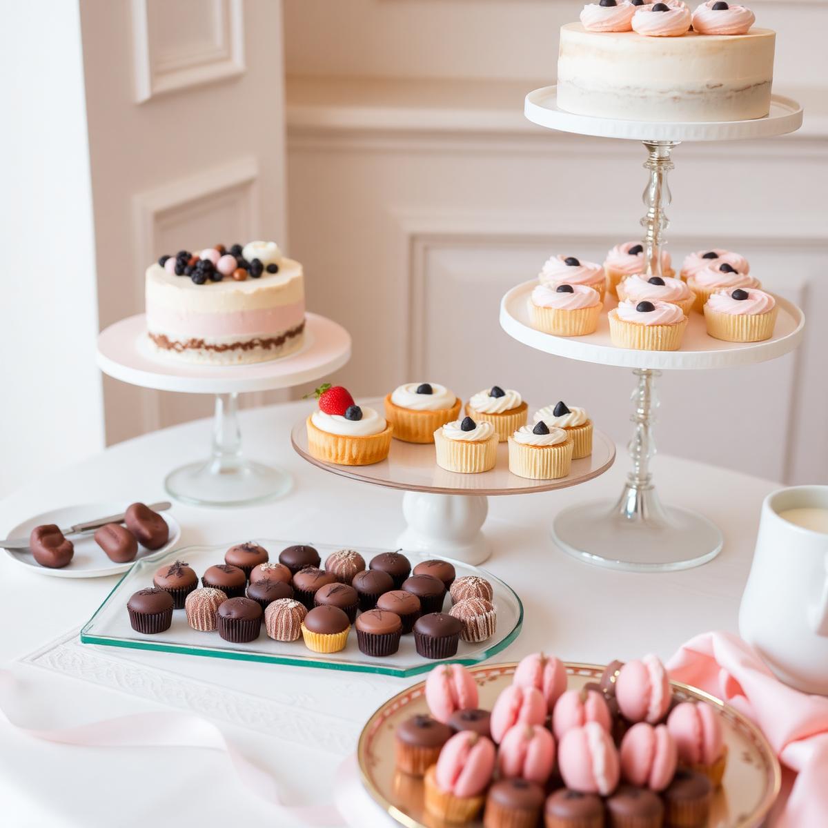 Layered dessert display with cakes, macarons and chocolate truffles