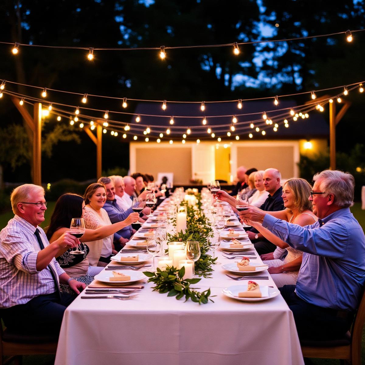 Family celebration long table outdoors under warm string lights