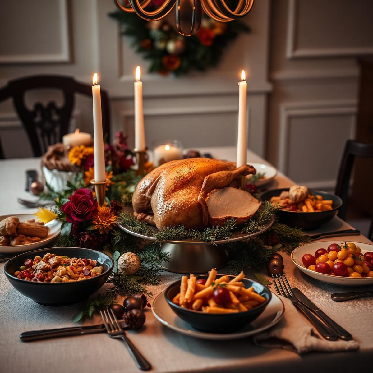 Holiday dinner table with roasted turkey and seasonal sides