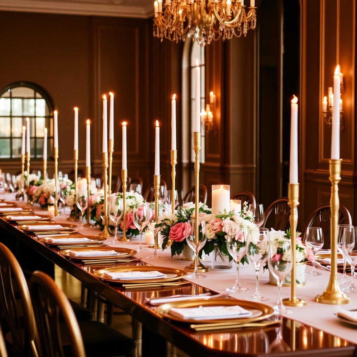 Elegant wedding reception table with tall candles and floral centerpieces